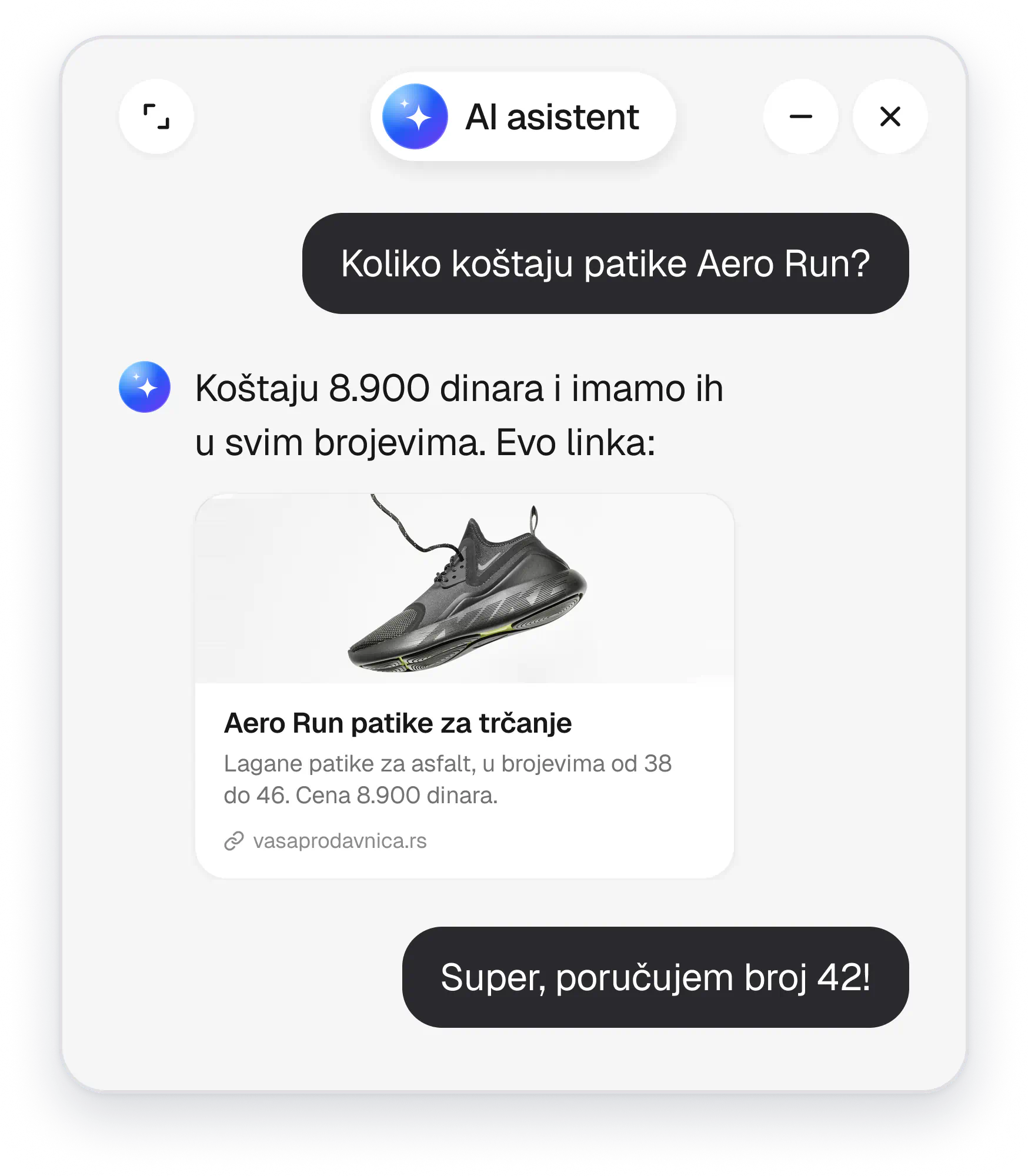 AI asistent šalje cenu i link za patike Aero Run